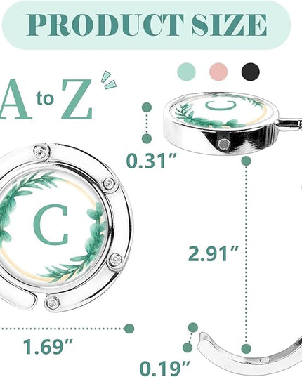 Iqimott 3pcs Personalized Initial Foldable Purse Hook for Table, Flower Letter Folding Handbag Hanger Portable Magnet Table Hook Holder, Collection Desk Purse Hooks for Women Bag (Green-C)