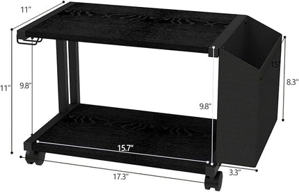 VEDECASA 2 Tier Black Printer Stand with Storage Bag for Home Office Desktop Printer Table Underdesk Organizer Mobile Printer Shelf with Caster Wheel (Black)