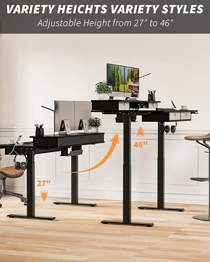 Kingant Standing Desk with Drawers & USB Charging Port, 48" x 30" Height Adjustable Home Office & Gaming Desk, Sit Stand Desk with Built-in Storage Shelf, Hook & Ergonomic Design(Classic Black)