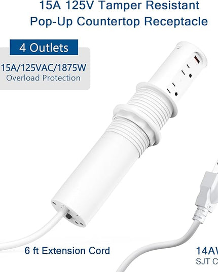 Pop up Outlet for Countertop,65W USB C Fast Charging Port,2.5-inch Hole Desktop Power Grommet,Recessed Power Strip,4 Outlets 4 USB Ports,15Amp Tamper Resistant Receptacle,ETL Listed (White)