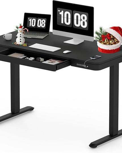 SANODESK Standing Desk with Drawer, Electric Height Adjustable Home Office Desk with Storage & USB Ports, 48 inch Black Wood Tabletop/White Frame