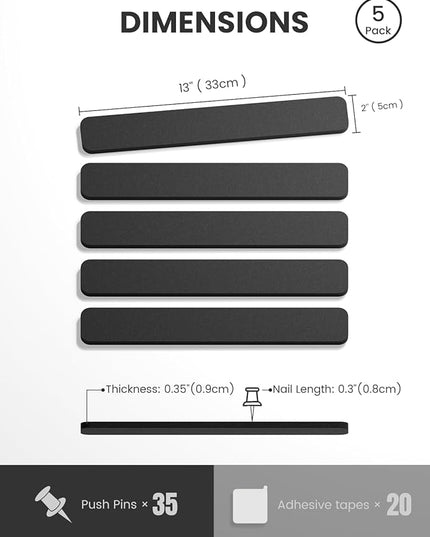 Fluxynara Cork Board Alternative Felt Strip Board 5-Pack 13"x2", Office Pin Board with 35 Push Pins, Adhesive Install for Bedroom Door & Home Office(Black)