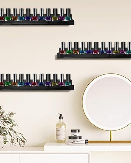 15" Nail Polish Rack Wall Mounted Shelf Acrylic Paints Gel Polish Organizer and Storage with End Caps for Nail Techs, Art Lovers, Great Display Salons, Floating Shelves for Wall, Black
