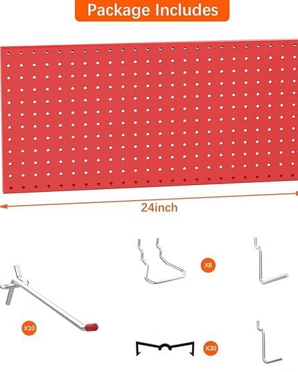TORACK Metal Pegboard Wall Organizer 24" x 24" or 12" x 48", 70 PCS Tool Storage Pegboard for Garage Tool Organizer Board with Pegboard Hooks for Workbench(Red)