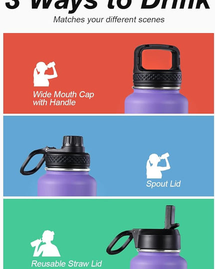 Coolflask Water Bottle 40 oz Insulated with Straw, Stainless Steel Metal 3 Lids Water Flask for Sports or Office, Keep Cold 48H Hot 24H, Purple Black
