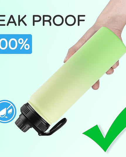 DOMICARE Insulated Water Bottle, 22 oz Vacuum Insulated Stainless Steel Reusable Sports Bottle with Straw Lid & Spout Lid for Travel, Camping, Bike, Leakproof, Green Gradient, 4 Pack