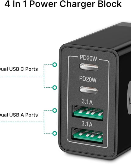 [2-Pack] USB C Wall Charger Block, Aiminu 40W 4-Port Fast Charging Block Dual Port QC+PD Power Brick Multiport Type C Charger Plug Adapter for iPhone 15 14 13 12 11 Pro Max XS XR SE 8 Plus, Samsung