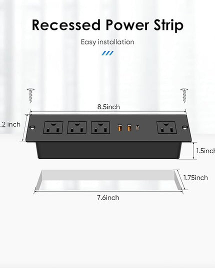 VILONG Flat Plug Recessed Power Strip with PD 20W USB-C, Flush Mounted Drawer Outlet, 4 AC Outlets & 3 USB Ports, Conference Desktop Built in Power Strip, 10FT Extension Cord(Black)