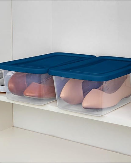 Sterilite Stackable 6 Quart Clear Home Storage Box with Handles and Blue Lid for Efficient, Space Saving Household Storage and Organization, 5 Pack