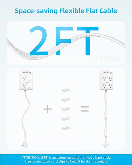Short Power Strip 2FT - Flat Wall Extension Cord with 4AC Outlet and 3 USB Ports(1 Type C), Multi Plug Outlet Extender Small Surge Protector for Home Office Dorm, White