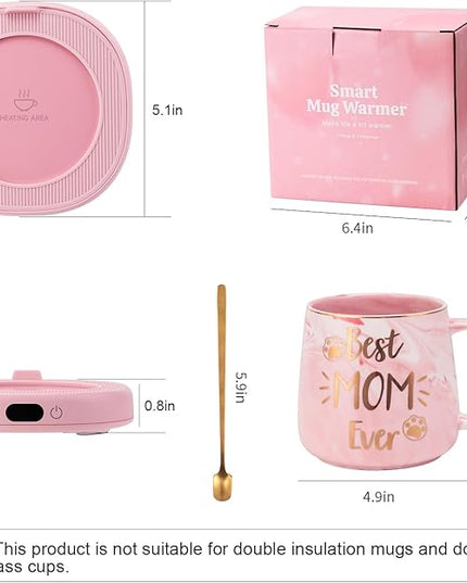 Coffee Mug Warmer & Best MOM Ever Mug Set, Electric Cup Warmer for Desk, Beverage Warmer with 4 Temperature Setting, 8H Auto Shut Off, Mom Gifts from Daughter Son