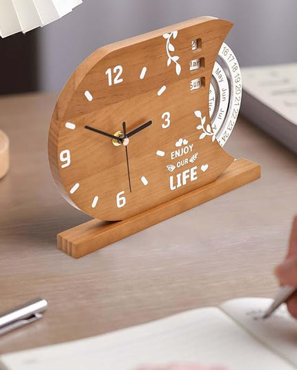 2-in-1 Wooden Analog Clock & Calendar - Silent No Ticking Desk Clocks Perpetual Calendar for Office, Bedroom, Study - Vintage Home Shelf Table Decor - Flip Date, Month & Day of The Week