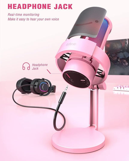 FIFINE USB Streaming Gaming Microphone, PC Condenser Desktop Mic for Video, Home use, YouTube, with RGB Control, Gain Knob, 3.5mm Headphone Jack, Shock Mount, on Computer/PS5-AmpliGame A8 Pink