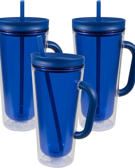 COOL GEAR 3-Pack 26 oz Spritz Tumbler with Straw and Handle | Pressure Fit Lid, Colored Re-Usable Tumbler Water Bottle with Straw and Handle - Blueberry Pack