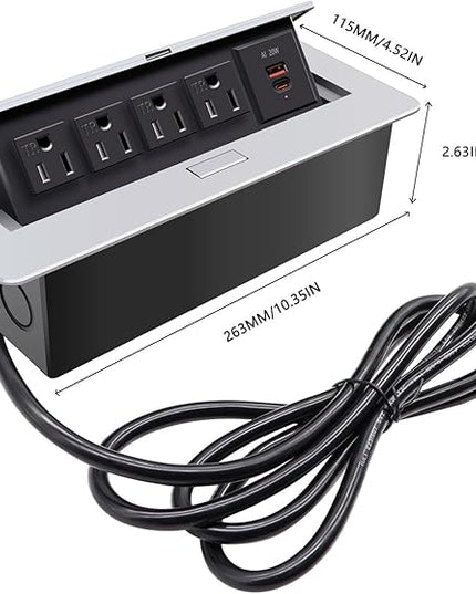Pop up Outlet; Power Strip; Embedded countertop Outlet; 4 Power Outlets with USB-C PD 20W Fast Charging 16AWG Power Cord; Suitable for Office, Conference, Home, Book Rooms -Silver