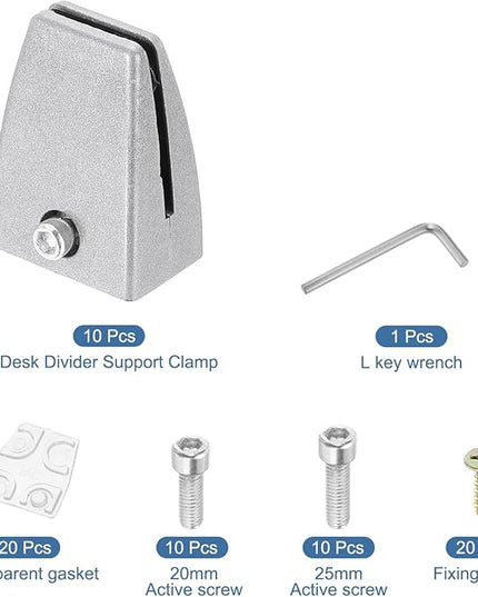 PATIKIL 10 Pcs Office Desk Partition Support Bracket, Aluminum Alloy Sneeze Guard Support Clamps Desktop Divider Clips for Offices Stores Counter Privacy Panel, Silver