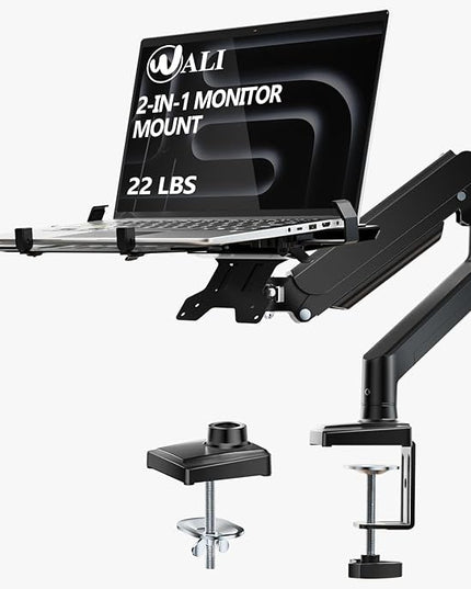 WALI Laptop Desk Mount, 2-in-1 Monitor Mount Fit 17” Notebook and 34” Monitors, Laptop Stand for Desk Adjustable Height, Gas Spring Monitor Arm with Laptops Holder, Up to 22-26.4lbs(GSMP001LPN), Black