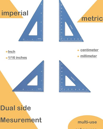 Zotemo Metal Geometry Set, 5-Piece Aluminum Ruler, Math Drafting Ruler Kit Includes Protractor, Triangle Rulers, Straight Rulers-Math Measurement Tools for School and Office Supplies (Blue)