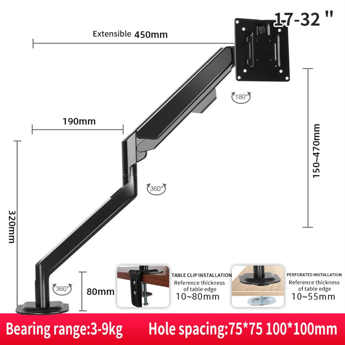 17-32" Desktop Monitor Mount Bracket, Gas Spring Height Adjustable Desk Stand, Aluminum Single Arm Suporte with Max. VESA 75 * 75mm 100 * 100mm Monitor Arms Stand (Black)