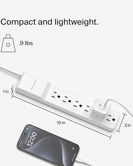 Belkin 6-Outlet Power Strip Surge Protector w/Flat Rotating Plug, 6ft Cord – Ideal for Personal Electronics, Small Appliances and More (1080 Joules), White, 6' - 6 Pack