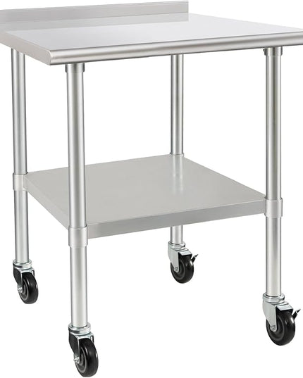 HARDURA Stainless Steel Table 30 x 36 Inches with Wheels Casters NSF Heavy Duty Commercial Prep Table with 2” Backsplash and Adjustable Undershelf for Restaurant Kitchen Home and Hotel