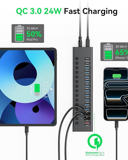 Powered USB 3.0 Hub, 16 Ports USB Hub Splitter(10 USB-A 3.0+2 QC 24W Fast Charging+2 Smart Charging+2 USB-C 3.0 Ports), 12V/8A 96W UL Certified Power Adapter for Laptop, Mac, PC, Computer