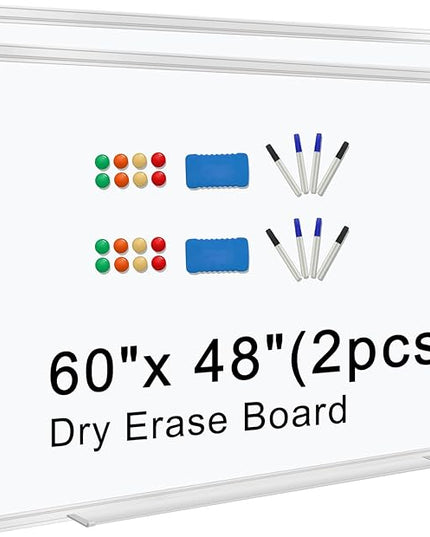 H-Qprobd 5' x 4' Dry Erase Board for Wall 60" x 48" (2 Pack) Magnetic Presentation Whiteboard with Long Pen Tray, Wall-Mounted White Boards Large Whiteboard Including 8 Markers, 16 Magnets, 2 Erasers
