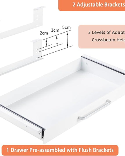 OSteed Under Desk Drawer Organizer 21" White Upgrade with Adjustable Brackets, Sliding Pull-Out Under Table Pencil Drawer, Office Standing Desk Attachment for Workbench