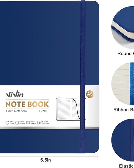 ViVin Lined Journal Notebooks for Work, 192 Pages, Medium 5.5 x 8.3 inch, College Ruled, A5 Hardcover Journaling Notebooks for Writing，1 Pack