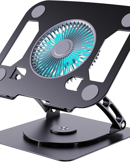 SHUWEI Laptop Cooling Stand with 3 Speed Fan, Adjustable Height & Angle, 360 Rotation Base, Carbon Steel Framework, Ultra-Quiet & Super Sturdy for up to 16”Laptop - Black