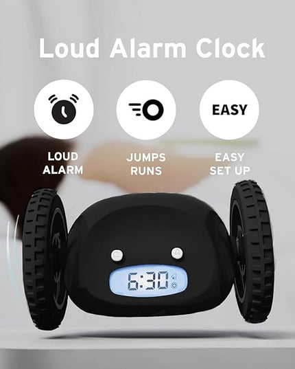 CLOCKY Extra Loud Alarm Clock for Heavy Sleepers on Wheels Rolls Runaway Vibrating Easy To Set Super Smart Snooze Digital Bed Shaker Alarm Clock Funny Gift for Adults Kids Teens Bedroom (Black Wheels)