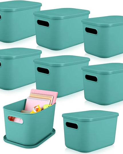 Hoolerry 8 Pieces Colorful Storage Bins with Lid, Plastic Storage Basket Organizing Container Stackable Box with Handle for Shelves Desktop Playroom Office(10.2 x 7 x 6.3 Inch,Green)