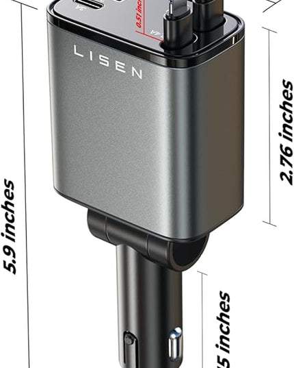 LISEN Retractable Car Charger 4 in 1 for Cars, 69W Retractable USB C Car Charger with 31.5in Cable, Fast Charging for iPhone 17 16 15 14 13 12 Pro Max Plus, Compact Cars Accessories for Daily Driving
