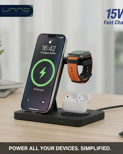 UNNO 3-in-1 Magnetic Wireless Charging Station with Fast Charge | Compatible with iPhone 15/14/13/12, Apple Watch (All Series), AirPods Pro 3/2 | Desktop Stand for Home & Office