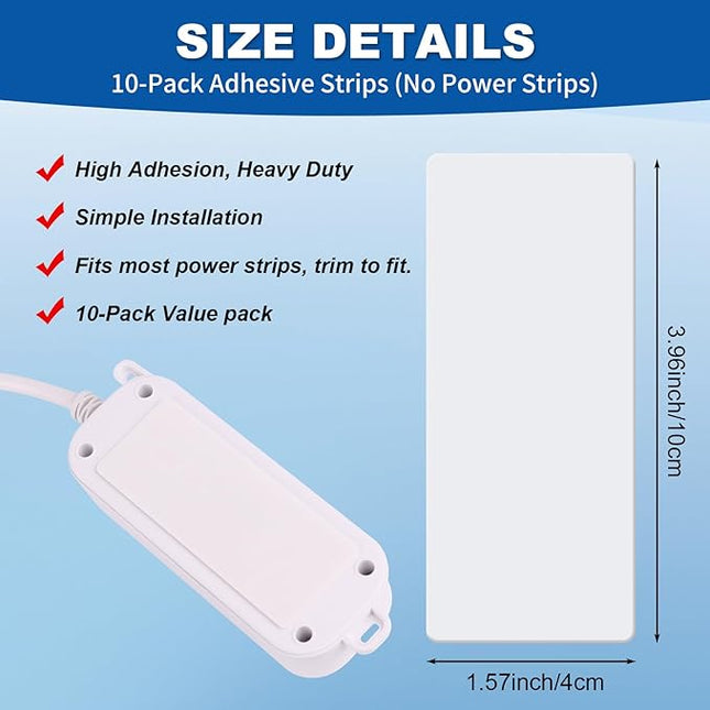 10-Pack Self-Adhesive Mounting Strips for Power Strips – 3.95” x 1.58”, Punch-Free Wall Socket Holder for Home, Kitchen, and Office, Adhesive Only