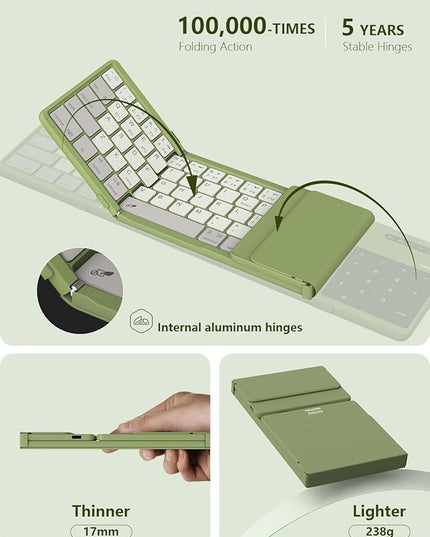 Nillkin Foldable Bluetooth Keyboard with Touchpad & Number Pad, Portable Bluetooth Keyboard with Full Size Keys, Pocket-Sized Wireless Travel Keyboards for iPad, Smartphone, Tablet and Laptop Green
