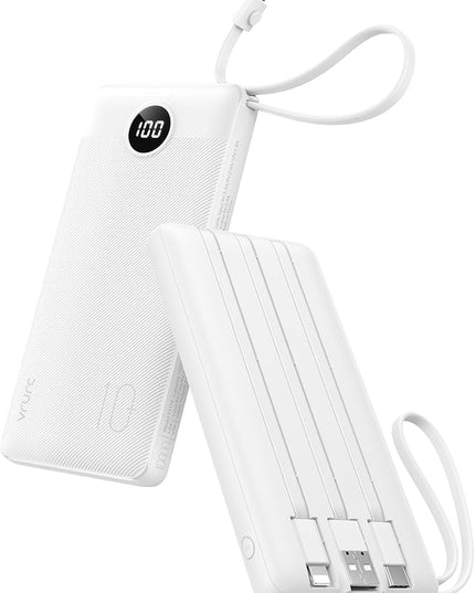 VRURC Portable Charger Power Bank, 10000mAh Travel Essentials Battery Pack, 5 Outputs 2 Inputs Slim Charing Bank Built-in Cables Cords Wires Compatible with iPhone,Samsung,Android-White(1 Pack)
