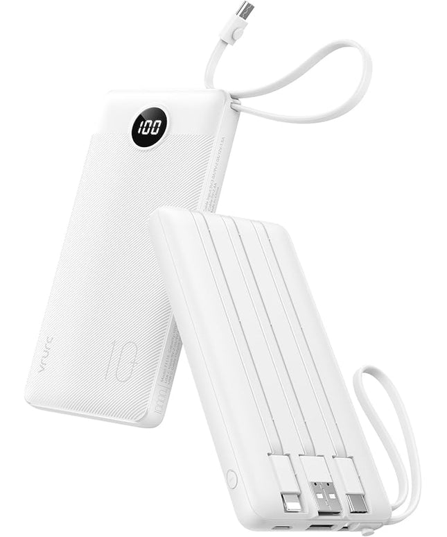 VRURC Portable Charger Power Bank, 10000mAh Travel Essentials Battery Pack, 5 Outputs 2 Inputs Slim Charing Bank Built-in Cables Cords Wires Compatible with iPhone,Samsung,Android-White(1 Pack)