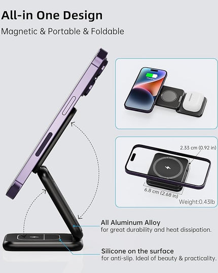 Foldable Magnetic Wireless Charger, KU XIU X40 Aluminum Alloy 3 in 1 Charging Station for Apple, Fast Charging Travel Charger for iPhone 17 16 15 14 13 12, 5W for Apple Watch & AirPods, Black