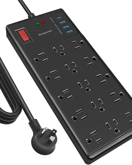 Surge Protector Power Strip 10 ft cord-15 Widely Spaced Outlets and 4 USB Ports(1 USB C Port),14 AWG Extension Cord,1875W/15A Heavy Duty Power Strip Surge Protector 10 ft Cord,2800J,Black
