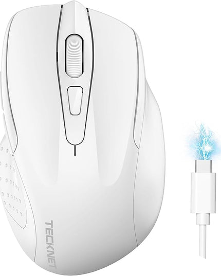 TECKNET Wireless Mouse (BT5.0/3.0 & 2.4G) Rechargeable 4800 DPI Silent USB A & Bluetooth Mouse 6 Buttons, Wide Compatibility - White