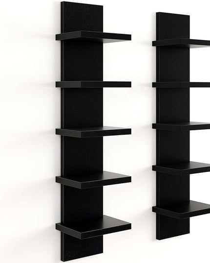 Fun Memories 5 Tier Wall Shelf Unit, Black Floating Shelves for Storage - Vertical Column Tower Design, Lack Wall Shelf Space Saving Organizer for Bedroom, Living Room, Home Decor， 2Pack