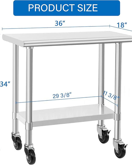 HARDURA Stainless Steel Commercial Table Prep & Work Table with Casters Heavy Duty Metal Table with Wheels NSF 430 18×36 Inches