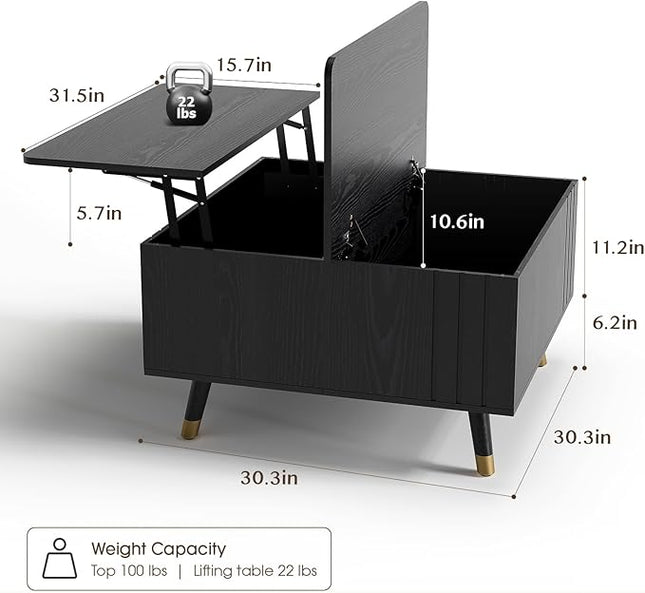 JOINICE 32" Square Lift Top Coffee Table with Storage, Modern Black Center Table for Living Room, Minimalist Wood Cocktail Table with Rising Desktop, Home Office