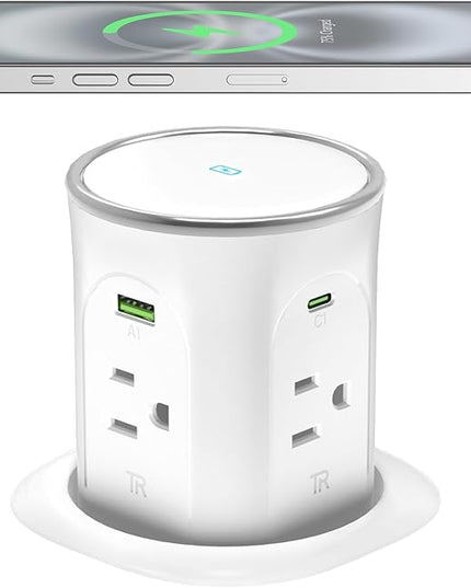 Pop Up Countertop Outlet with 2 PD 45W USB C Charging Station, 3.15 in Hole Electrical Power Outlets Insert in 4 Plugs 4 USB Ports 15W Wireless Charger for Desktop Kitchen Countertop