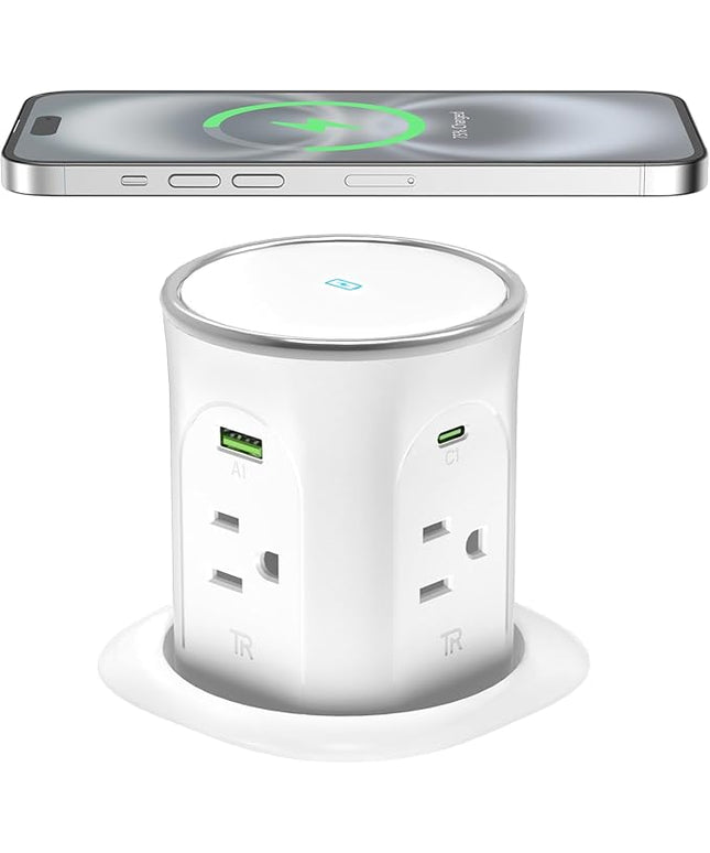 Pop Up Countertop Outlet with 2 PD 45W USB C Charging Station, 3.15 in Hole Electrical Power Outlets Insert in 4 Plugs 4 USB Ports 15W Wireless Charger for Desktop Kitchen Countertop
