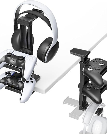Controller Holder & Headphone Stand Under Desk with Adjustable Clamp, Controller Stand & Headset hanger for Desk Mount with 360° Rotating Hook & Cable Organizer 3-in-1 Game Organizer, PC Game Headsets