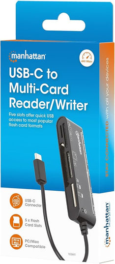 Manhattan 5 in 1 USB C Multi Card Reader Writer – microSD, SD, MS, xD, and CF, 480 Mbps Data Transfer Speed – Multiple Adapter Hub - Compatible with Windows & Mac – 3 Yr Mfg Warranty - 102681