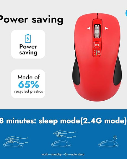 Wireless Bluetooth Mouse (USB + BT1 + BT2), Full Size, 4-Way Scrolling, Multi-Device Silent Mouse for Computer, Laptop, iPad, MacBook (Red)