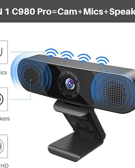 EMEET C980 PRO 3-in-1 1080P Webcam with Microphone and Speaker, 60°-98° Wide Angle Webcam w/ 4 Noise Cancel Mics, 2 Speakers, Auto Low Light Correction W/Cover, USB Camera for Online Conference/Class